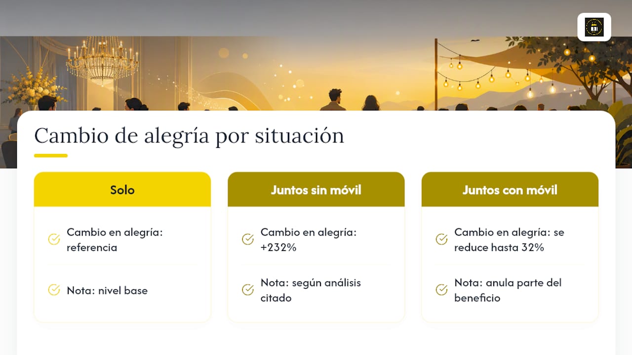 Diagrama que muestra cómo el uso del móvil afecta la felicidad durante la cena