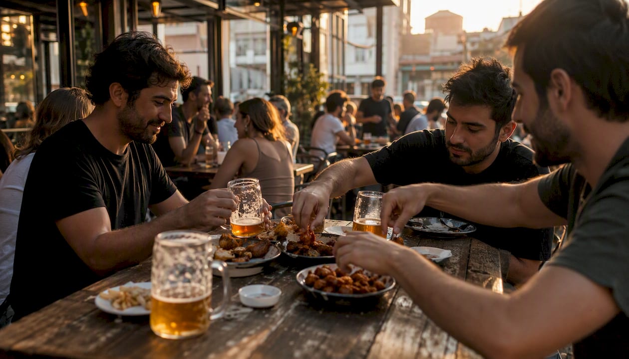 Mesa larga de amigos en una cervecería compartiendo alitas de pollo