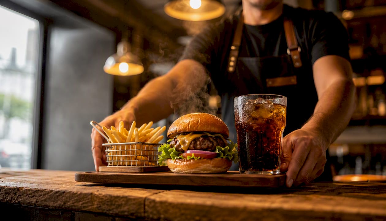 Menú completo: hamburguesa, papas fritas y refresco, todo listo para disfrutar.