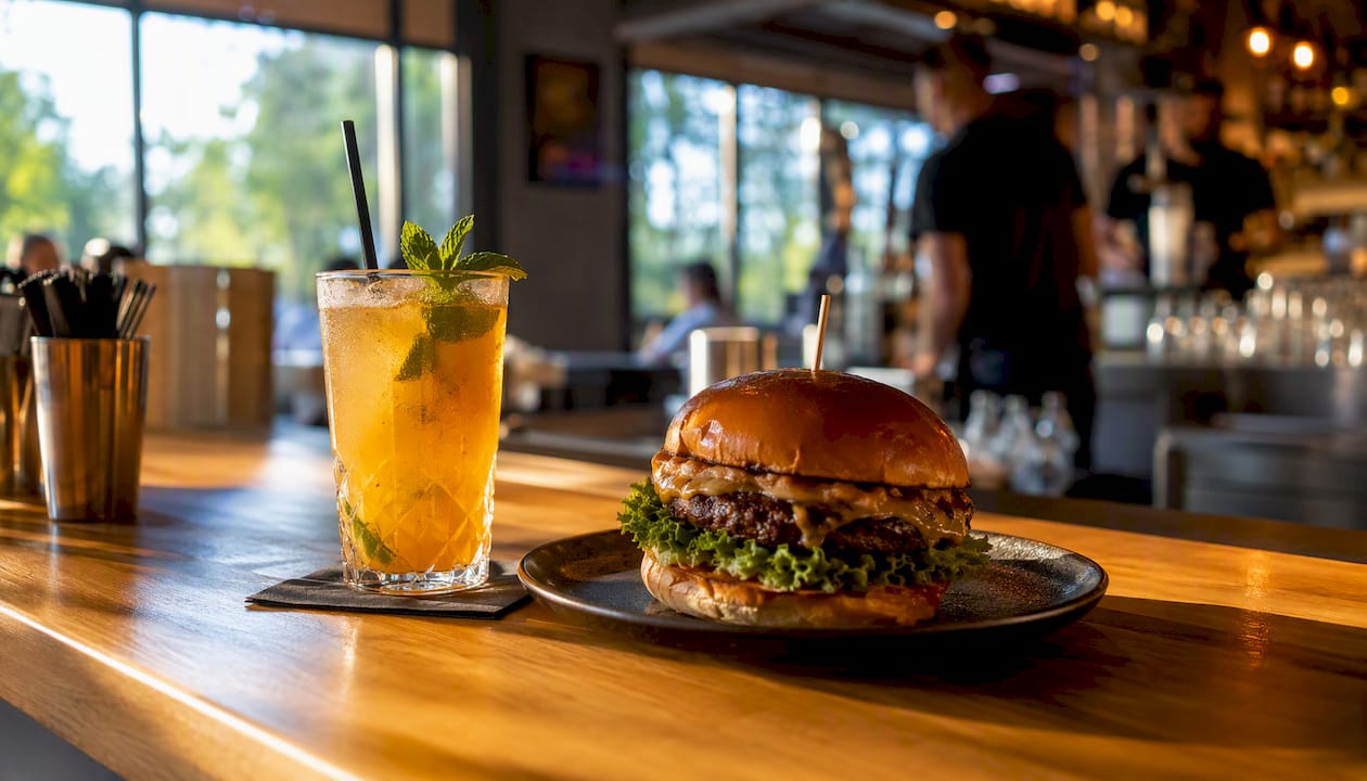 Hamburguesa gourmet acompañada de un cóctel, servidos sobre la barra del bar.