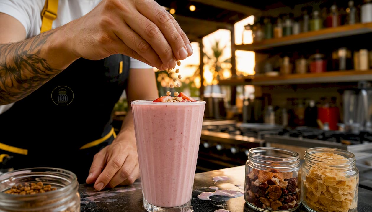 Un chef decorando un batido vegano con diferentes toppings