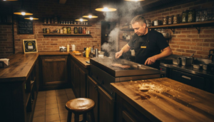 Cocinero elaborando una hamburguesa casera en un bar de estilo artesanal