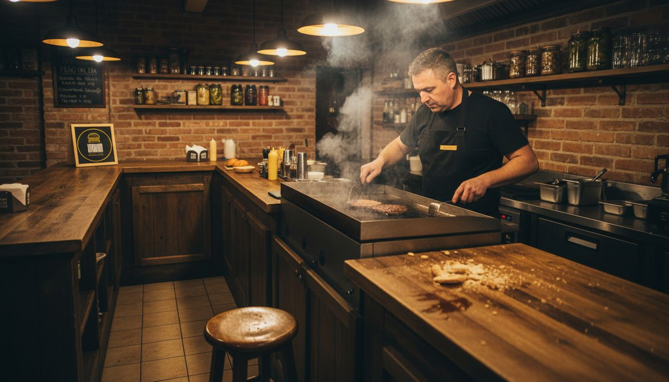 Cocinero elaborando una hamburguesa casera en un bar de estilo artesanal