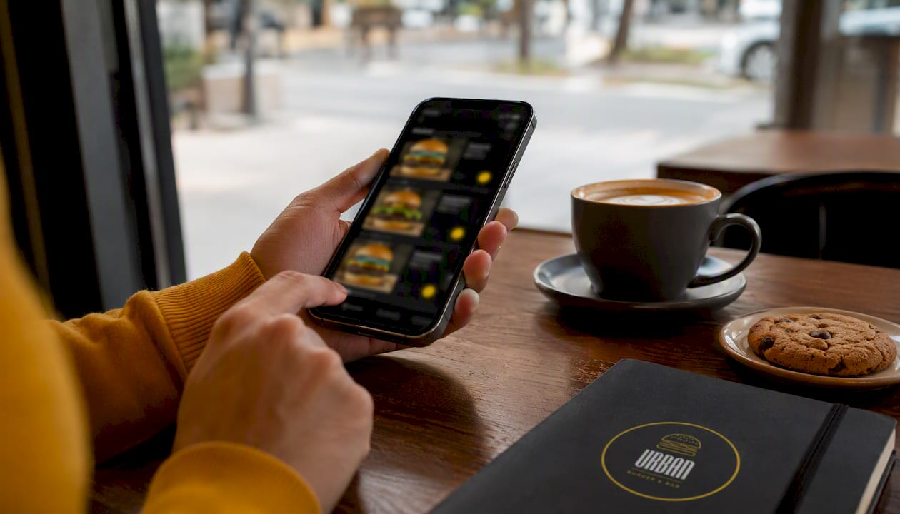 Persona usando su móvil para encargar una hamburguesa desde una app