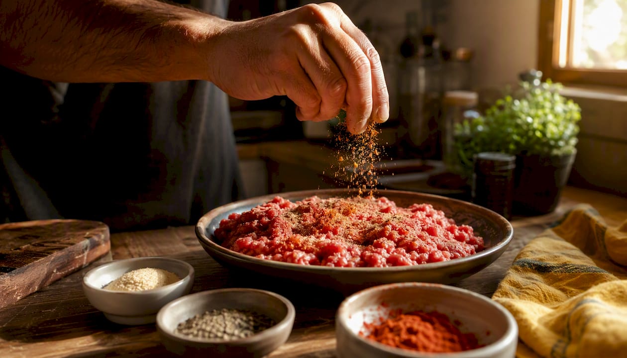 Una mano mezclando carne picada con distintas especias para preparar hamburguesas.