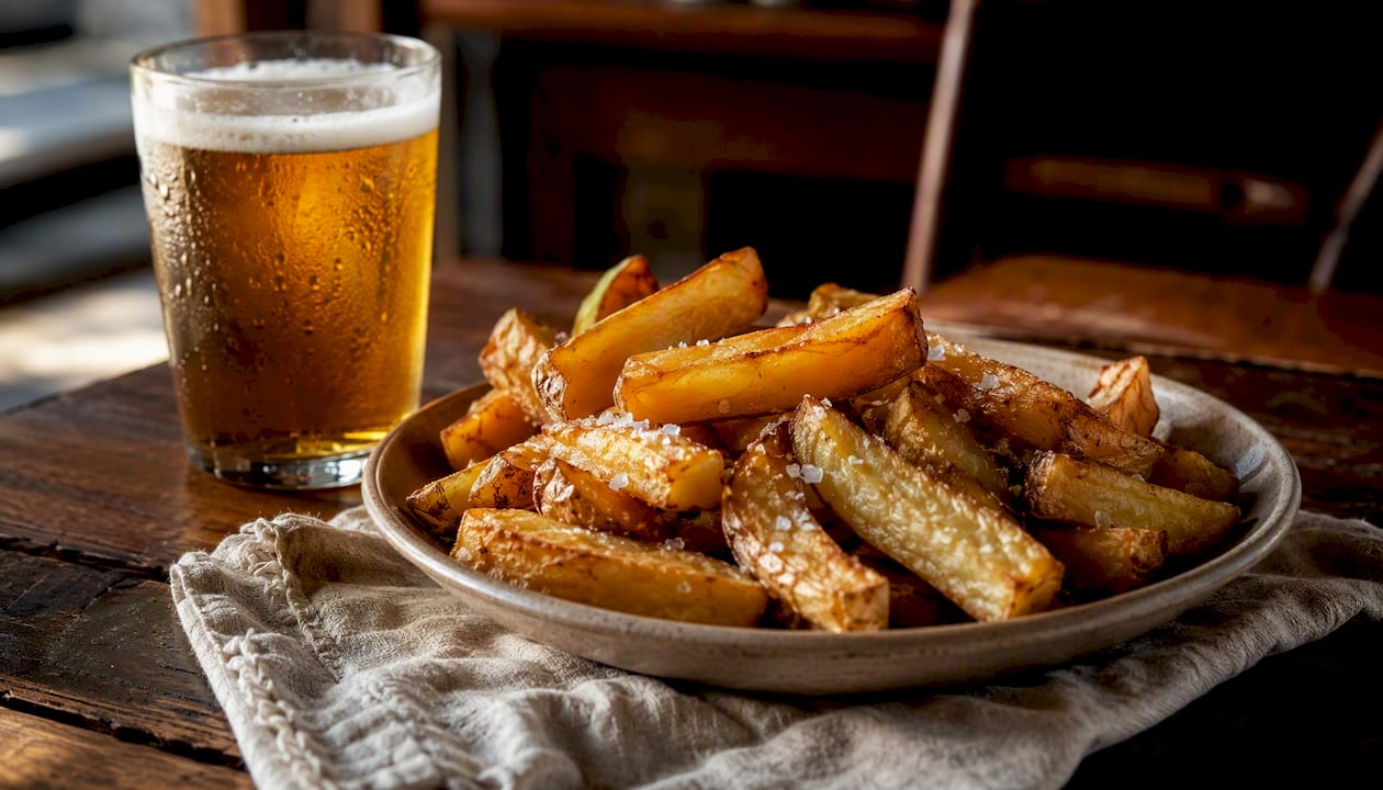 Un plato de papas fritas caseras acompañado de una jarra de cerveza bien fría