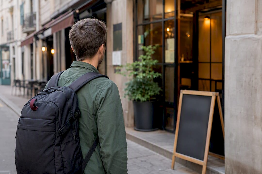 Turista mirando un restaurante desde la calle