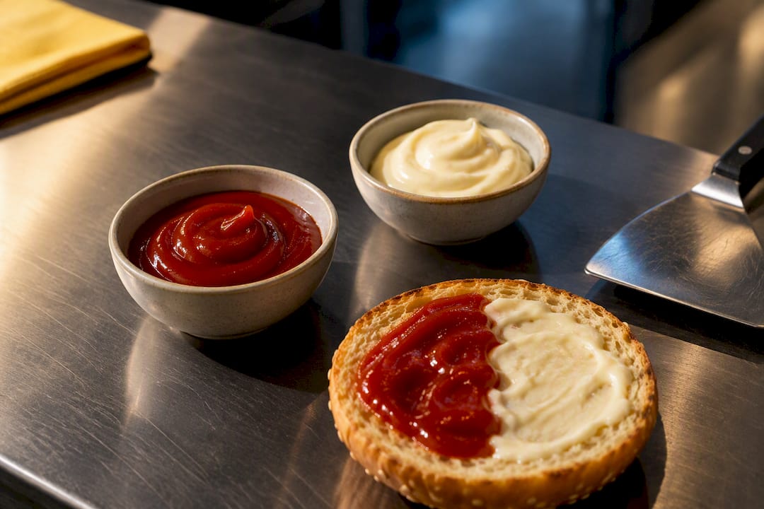 Ketchup y mayonesa en pan de hamburguesa