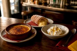 Tres postres típicos de Cataluña servidos en un bar