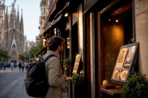 Turista evaluando restaurantes cerca de la Sagrada Familia