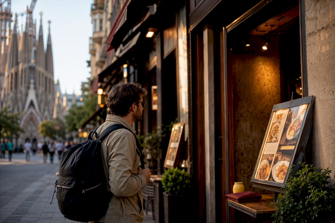 Turista evaluando restaurantes cerca de la Sagrada Familia