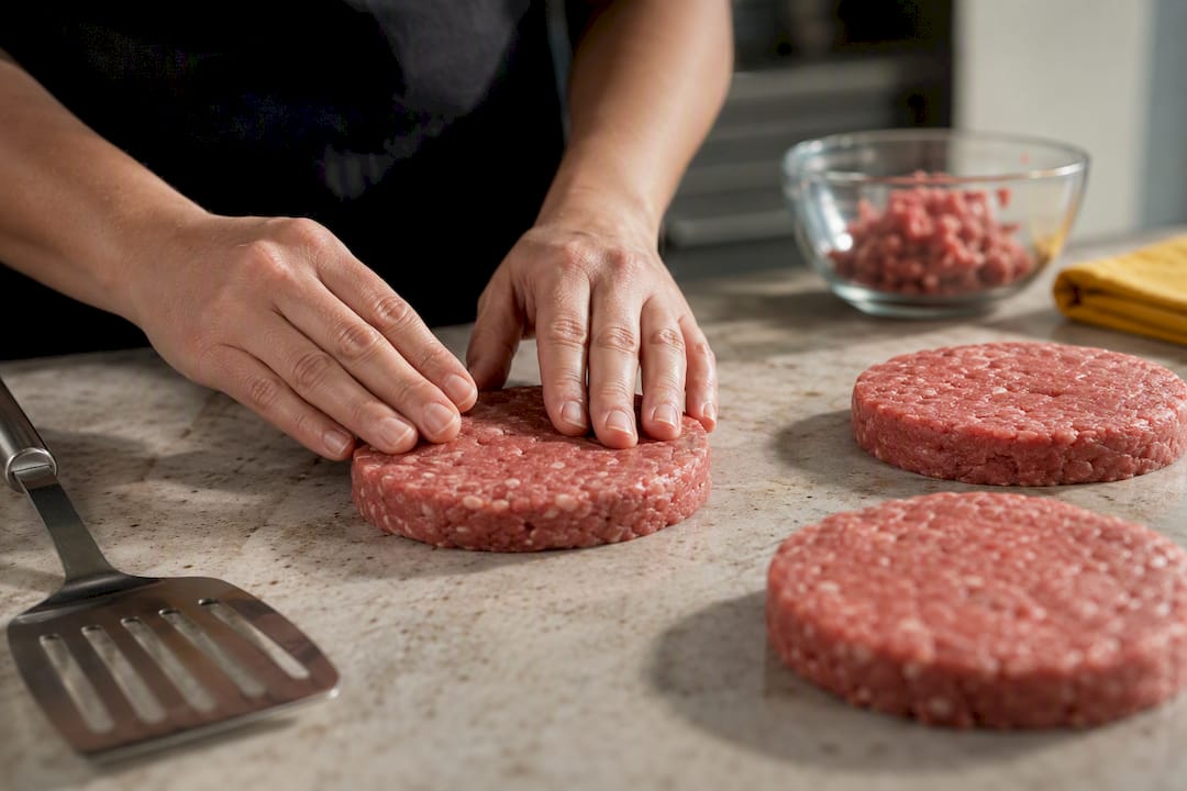 Manos moldeando porciones de carne uniformes