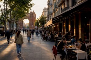 Avenida con terrazas junto al Arc de Triomf