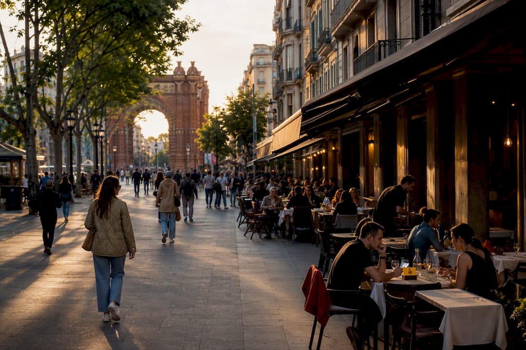 Avenida con terrazas junto al Arc de Triomf