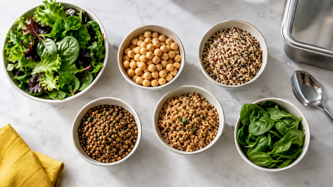 Legumbres, cereales y hojas para ensalada