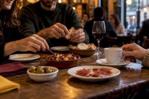 Personas disfrutando de tapas mientras conversan después de la comida