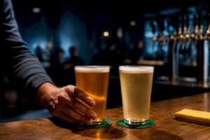 Dos cervezas sin etiqueta sobre una barra en la ciudad