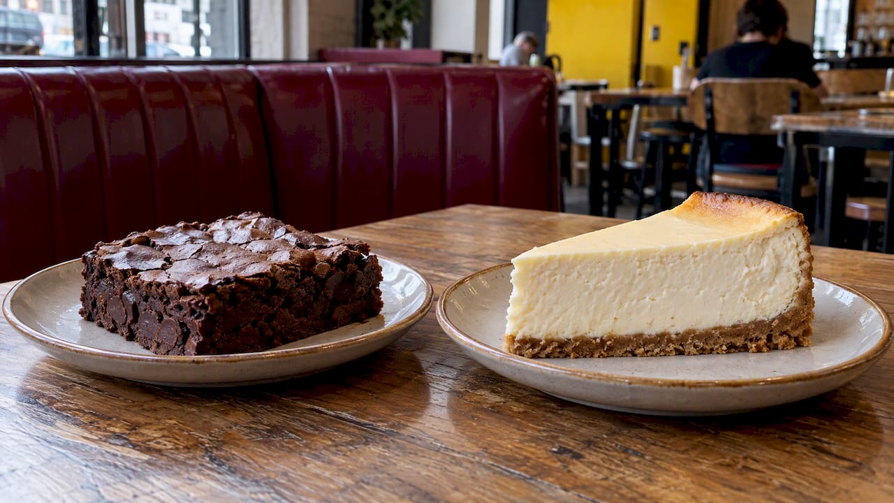 Brownie y tarta de queso lado a lado sobre la mesa