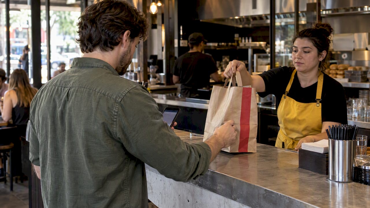 Cliente recogiendo su pedido en Urban Burger Bar