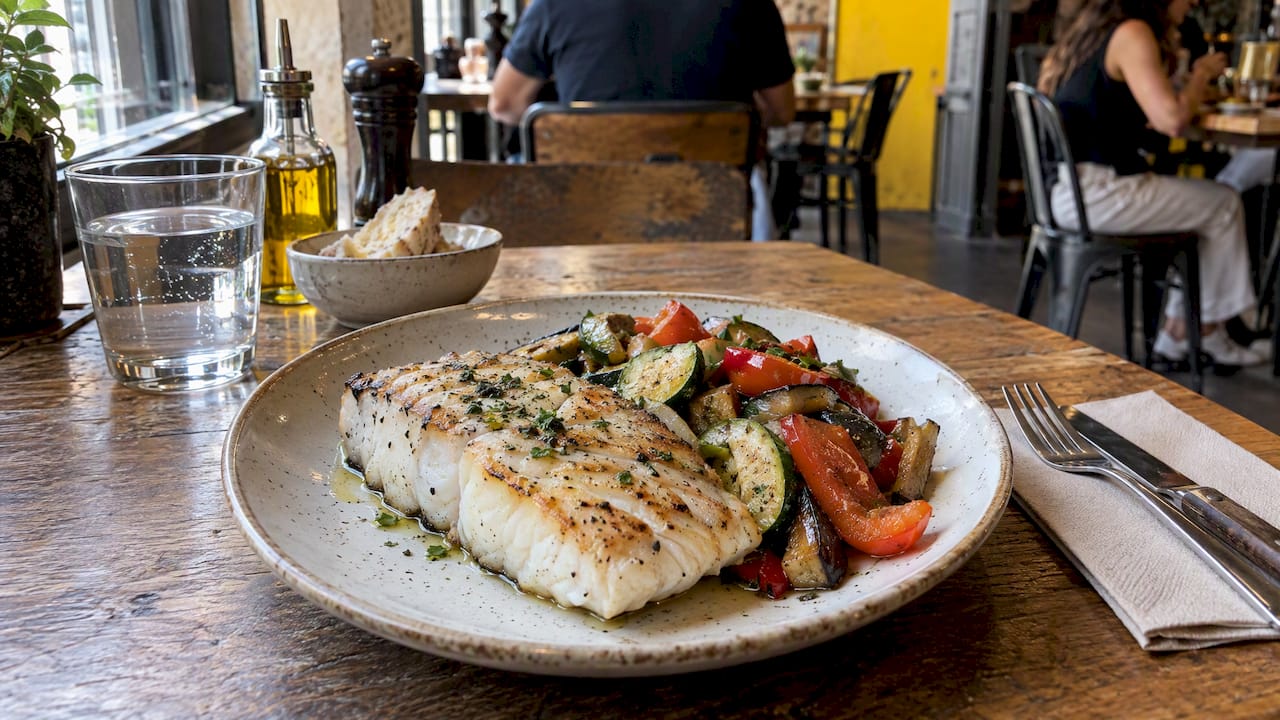Merluza a la plancha acompañada de verduras