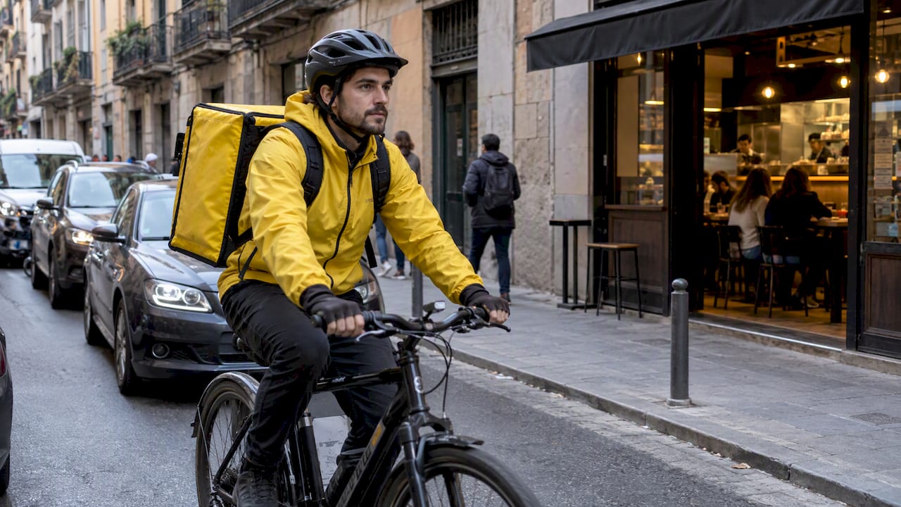 Un repartidor circula por una calle de Barcelona