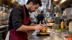 Cocinero preparando una hamburguesa para el almuerzo