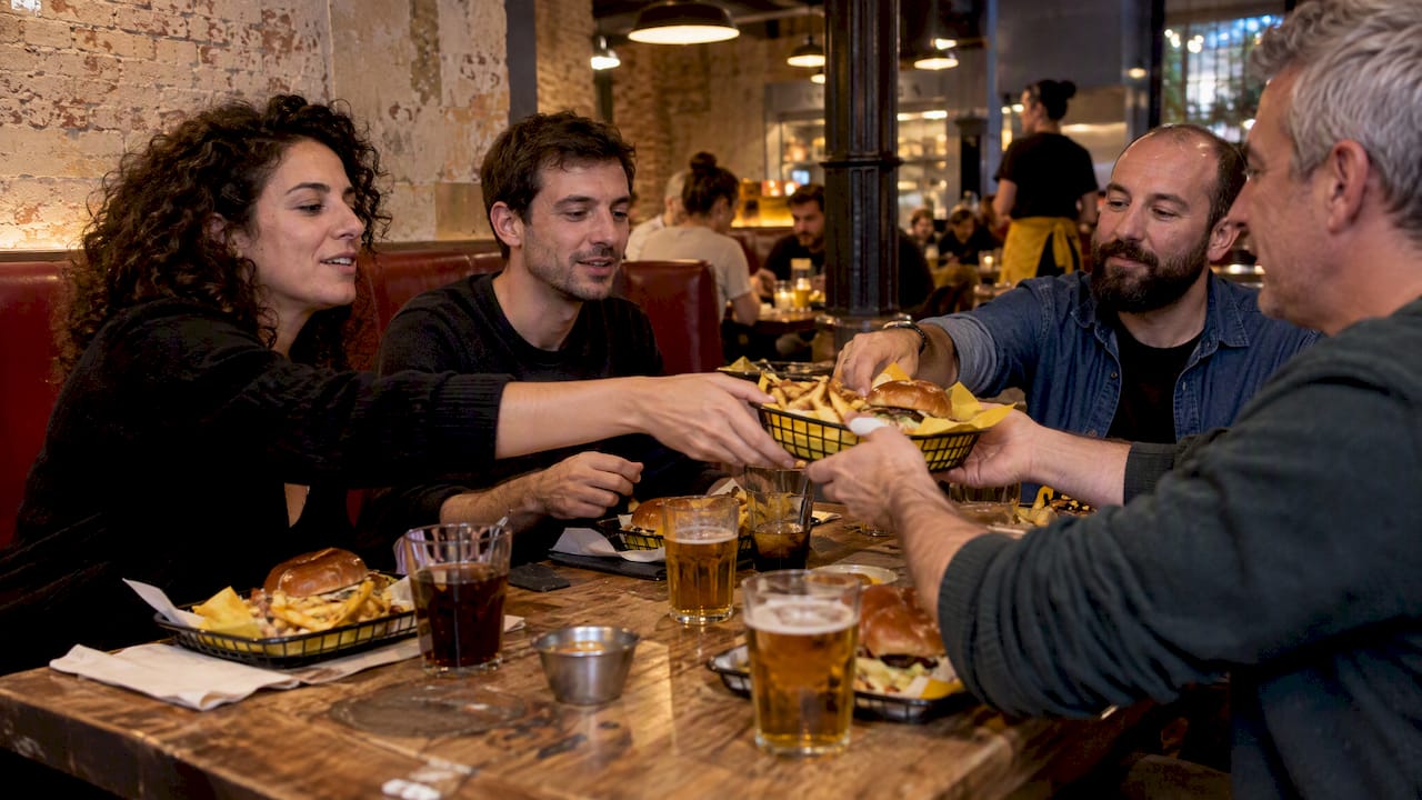 Un grupo de amigos cenando en una hamburguesería