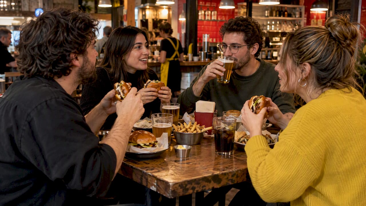 Un grupo disfrutando de hamburguesas en un bar