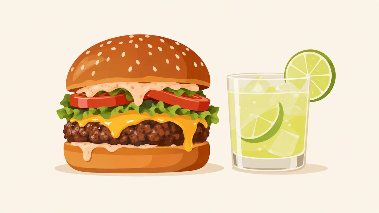 Cóctel cítrico con hamburguesa grasosa