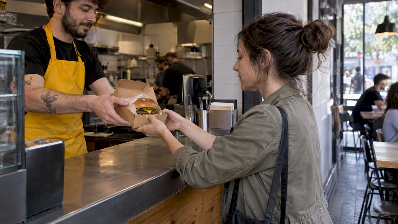 Cliente recoge una hamburguesa para llevar