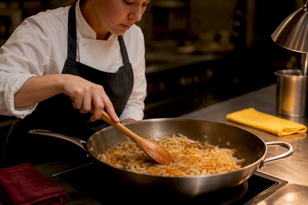 Cocinera revolviendo cebolla caramelizada