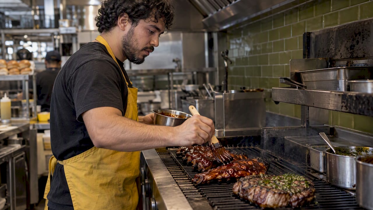 Costillas a la barbacoa con chimichurri sobre carne asada