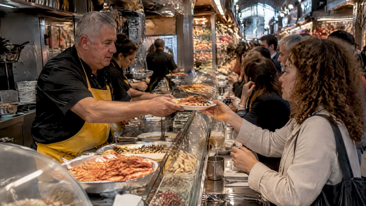 Puesto en el Mercat de la Boqueria sirviendo tapas